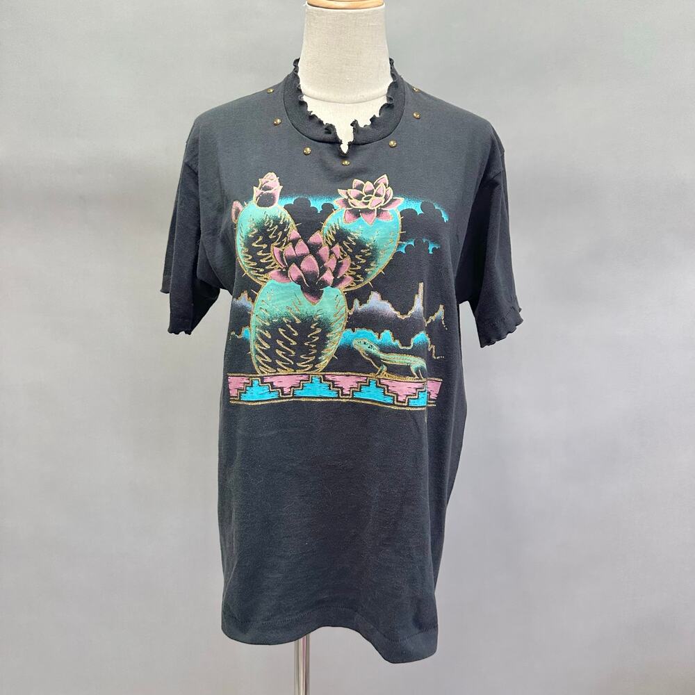 Vintage 90s southwestern cactus graphic tee ruffle v neck Size - Picture 1 of 16
